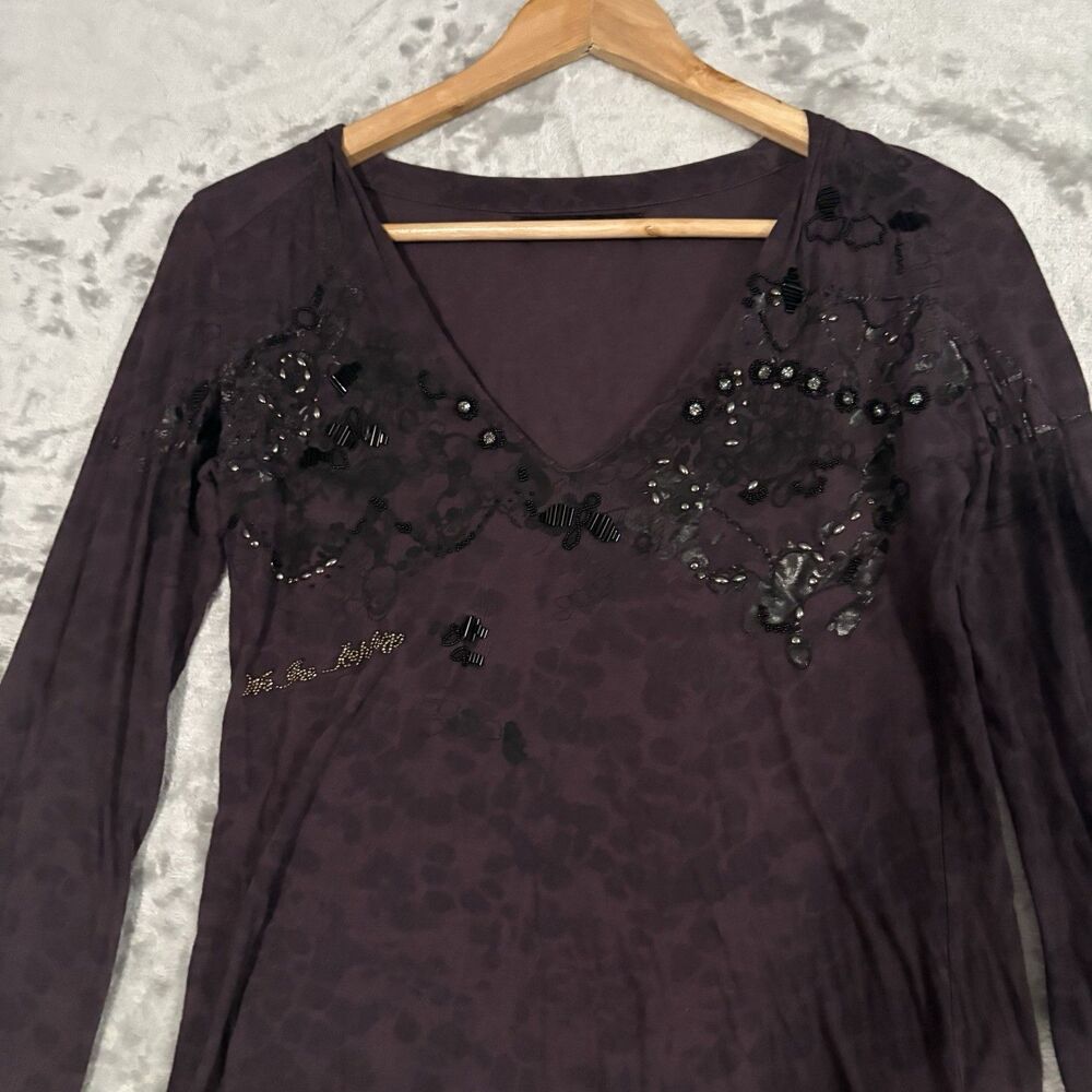 We Are Replay Y2K Top Plum Purple Leopard Print Beaded V-Neck Whimsigoth Grunge